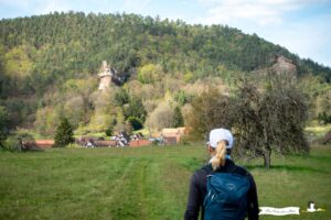 Arrivée à Obersteinbach avec vue sur les ruines du château du Petit Arnsberg