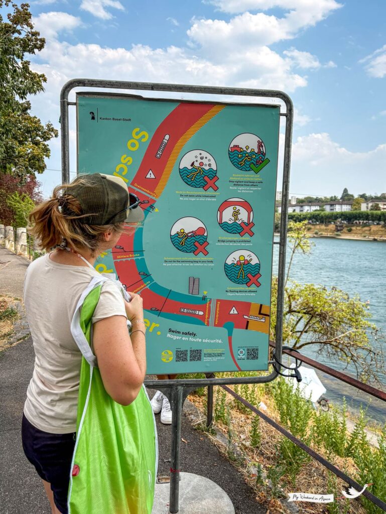 Carte des zones de baignade autorisées dans le Rhin à Bâle