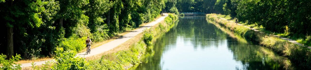 Cycliste le long du canal du Rhône au Rhin